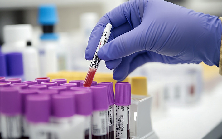 Gloved hand handling blood samples in medical laboratory
