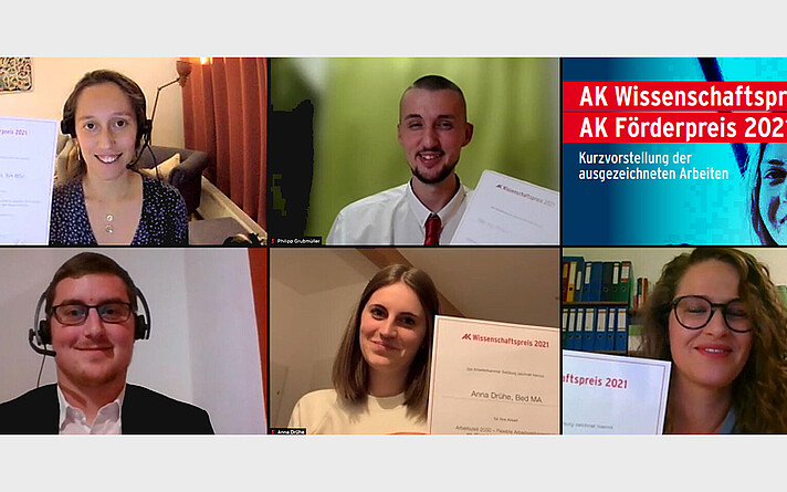 Fünf Studierende der FH Salzburg sind unter den Preisträger*innen beim diesjährigen AK Wissenschafts- und Förderpreis, darunter auch Anna Drühe (Mitte unten), die für ihre Masterarbeit zur flexiblen Zeitorganisation ausgezeichnet wurde.